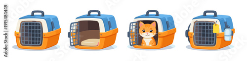 Cute cartoon cat carrier with a happy kitten inside and accessories for travel