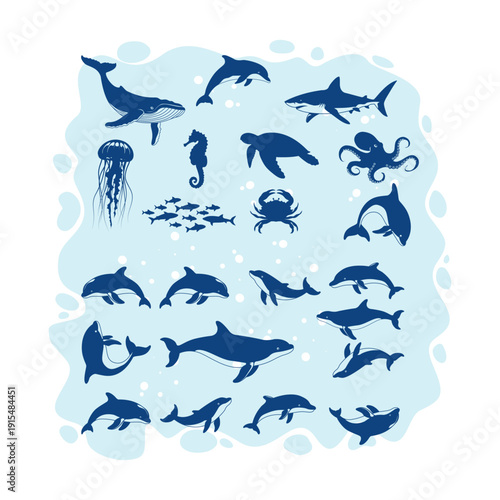 A large variety of blue silhouettes representing different species of dolphins and whales