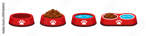Collection of four red pet bowls showing empty, full of food, water, and combined food and water