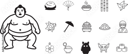 Japanese Culture Vector Icon Set – Sumo, Sushi, Origami, Mount Fuji, Cherry Blossom, Tea, Bamboo, Fan, Temple, Panda, Cat, Shuriken, Parasol, Crane, Stones