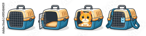Cute cartoon cat carrier with a cat inside and an empty carrier shown