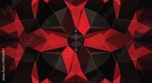 Vibrant red and black geometric pattern with abstract shapes and lines forming a dynamic symmetrical design on a dark background