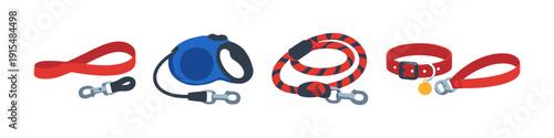 Collection of dog leashes and collars in various styles and colors for pets