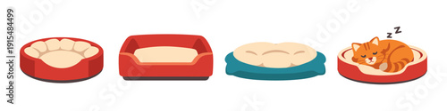 Collection of four different pet beds, including one with a sleeping cat