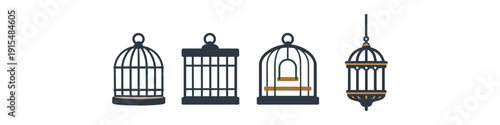 Collection of four different decorative bird cages in a row on a white background