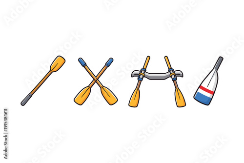 Collection of various oars and paddles for rowing and boating activities