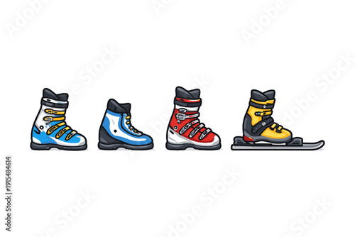 Collection of colorful ski boots and hiking boots displayed in a row