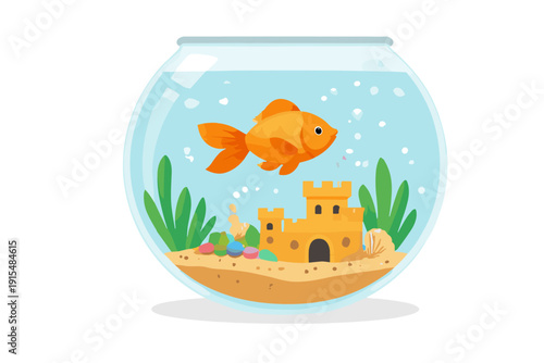 Cute cartoon goldfish swimming in a round aquarium with a sand castle and plants