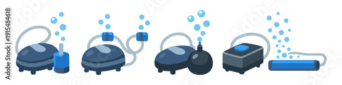 Collection of aquarium air pumps and diffusers releasing bubbles underwater