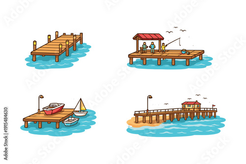Collection of cartoon wooden piers with boats, people fishing, and a building