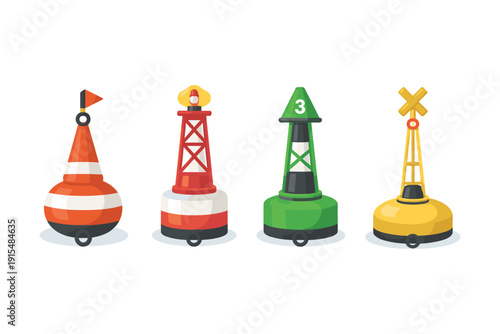 Collection of four distinct nautical buoys with varied shapes and colors on a white background