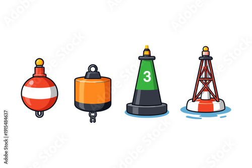 Collection of four distinct nautical buoys with different shapes and colors for marine navigation