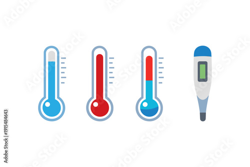 Four thermometers showing different temperature readings, including digital and analog types