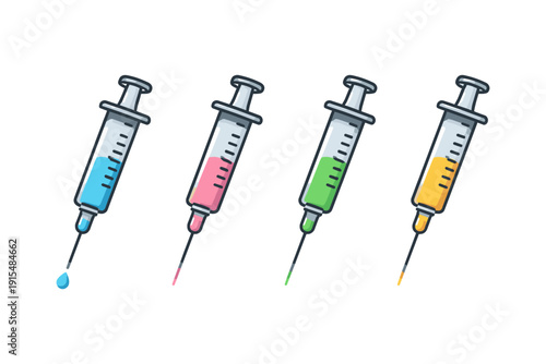 Collection of four colorful syringes with liquid, medical concept illustration