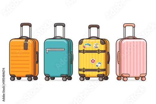 Four colorful wheeled suitcases lined up, ready for travel and adventure