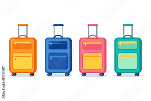 Four colorful wheeled suitcases lined up, ready for travel and vacation adventures