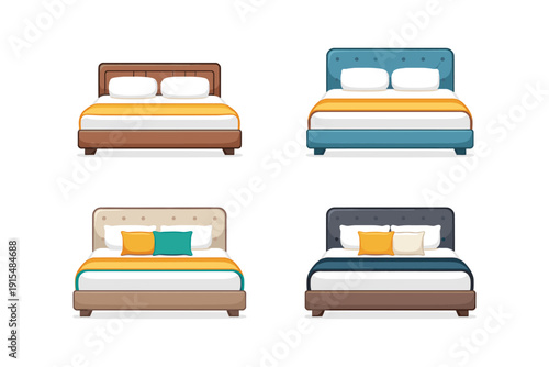 Collection of four different modern beds with colorful bedding and pillows