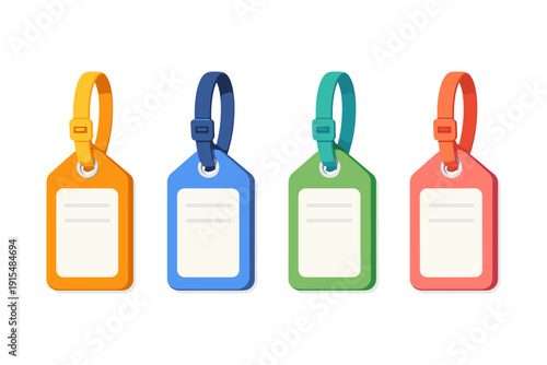 Four colorful luggage tags with blank white labels and straps, isolated on white background