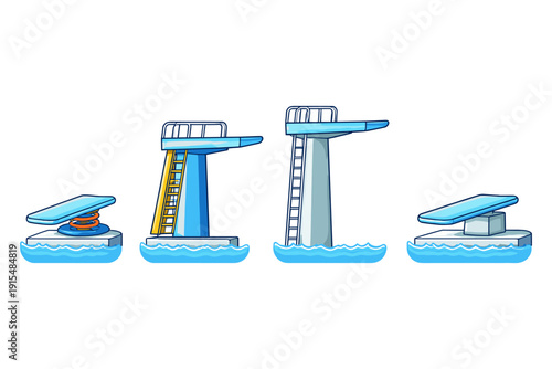 Collection of cartoon diving boards and platforms in water for swimming pool fun