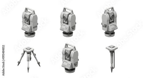 Isometric Total Station Survey Equipment Silhouette Icon Set,  Isometric 3D illustration of total station, tripod, and surveying tools for land measurement and engineering projects