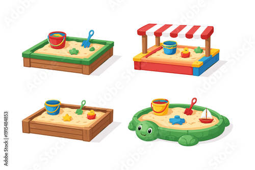 Collection of four cartoon sandbox illustrations with toys and sand for children's play