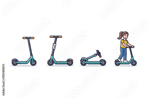 Electric scooter in different states: unfolded, folded, and ridden by a person