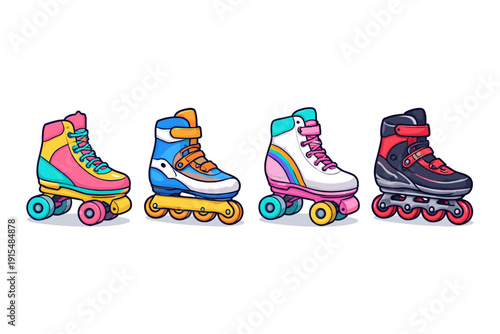 Collection of four colorful roller skates and inline skates on a white background