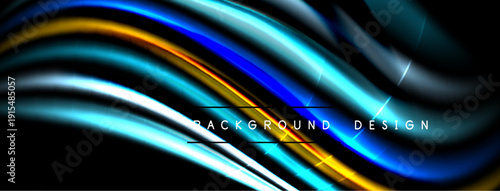 Abstract flowing lines, vibrant blues, golds create dynamic wave pattern. Dark background emphasizes bright curves, modern design element.