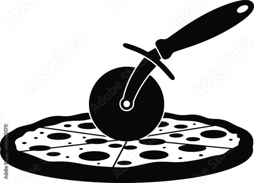 Black and white pizza cutter on a pepperoni pizza