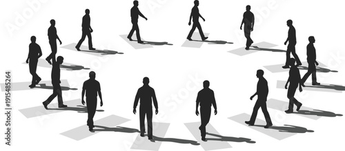 A group of walking men silhouettes arranged in a circular formation with long shadows on a white background for business community and teamwork concepts.