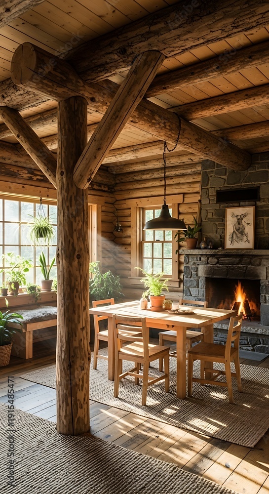 Fototapeta premium Cozy Log Cabin Dining Room with Fireplace and Natural Light.