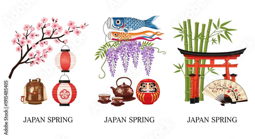 Vibrant Japanese spring symbols and traditions in colorful illustration