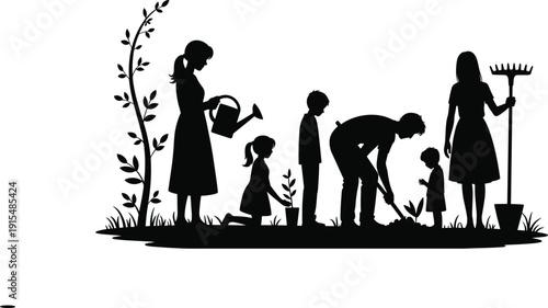 Family gardening teamwork planting and watering young tree environmental education concept with parents and children caring nature together