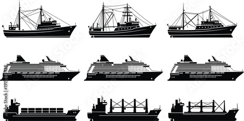 Cargo and Cruise Ship Silhouettes Maritime Transport Vessels Collection Vector Illustration Isolated on White Background