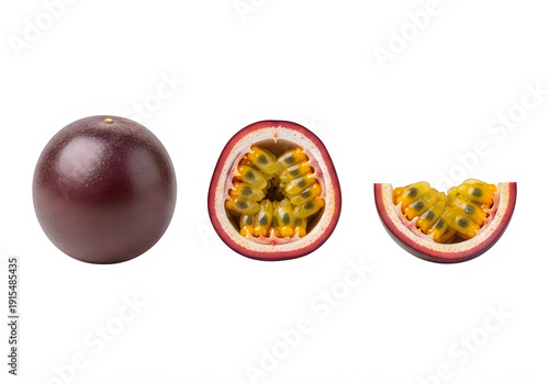 Whole and sliced passion fruit isolated on transparent background with vibrant colors