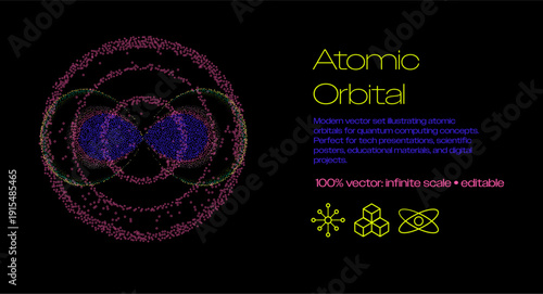 Vibrant vector illustration depicting stylized atomic orbitals as overlapping glowing figure-eight and spherical shapes formed by dense particle clouds in neon magenta, green, blue, and purple hues.