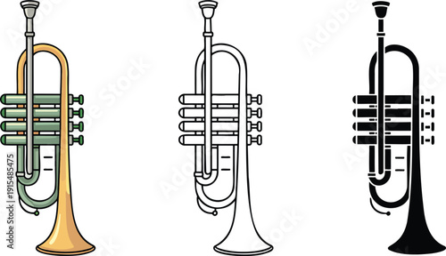 Trumpet silhouette & Outline and illustration set isolated on transparent background