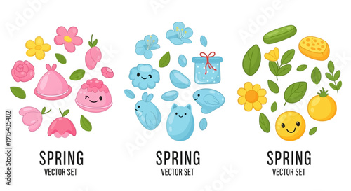 Vibrant spring vector set with flowers, cute animals, and fresh produce