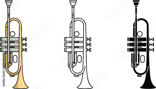 Trumpet silhouette & Outline and illustration set isolated on transparent background