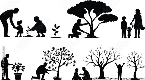 Family planting trees together environmental conservation concept showing parents and children nurturing growth, sustainability, and green future responsibility