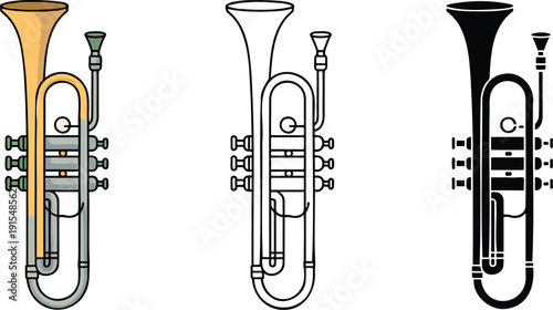 Trumpet silhouette & Outline and illustration set isolated on transparent background