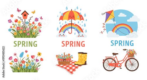 Vibrant spring illustrations with flowers, rainbows, and bicycles