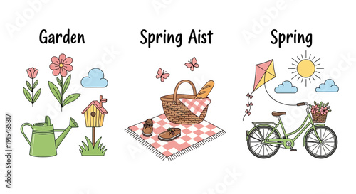 Vibrant spring garden and outdoor activities illustration