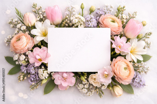 Blank white greeting card mockup in spring flower frame. Floral flat lay with tulips and ranunculus on white background.