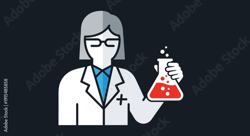 Female Scientist Holding Flask with Bubbling Liquid Illustration.