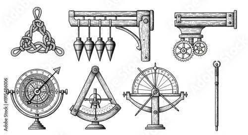 Vintage Navigation Survey Instruments Engraving Illustration,  Detailed engraving style illustration of antique navigation and surveying instruments including compasses and measuring tools.