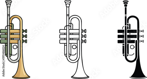 Trumpet silhouette & Outline and illustration set isolated on transparent background