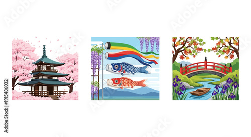 Vibrant Japanese landscapes with pagoda, koi fish, and serene bridge scenes