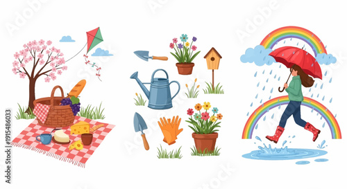 Vibrant springtime scene with gardening tools, picnic setup, and playful rainy day
