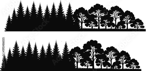 Collection of black silhouettes of pine and deciduous forest trees and woodland landscapes isolated on white background for graphic design.